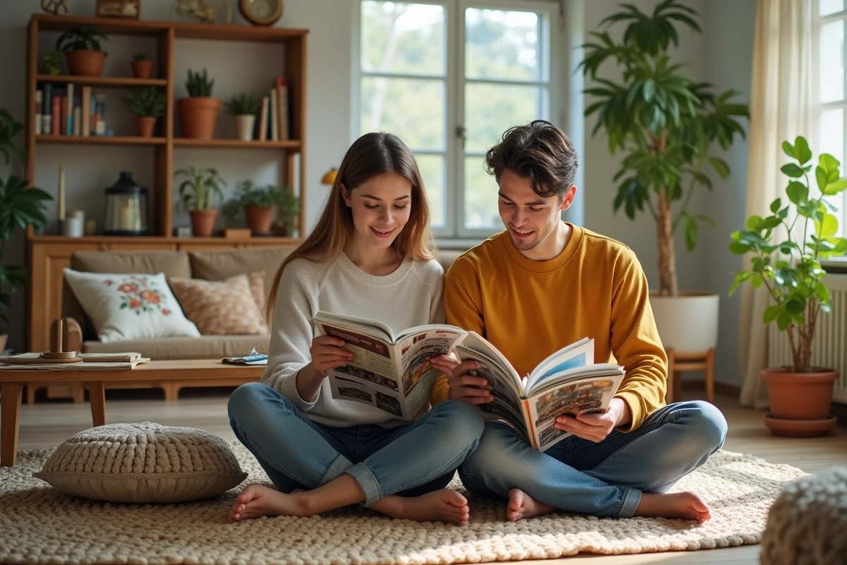 Jeune couple lisant des magazines de design dans un salon lumineux