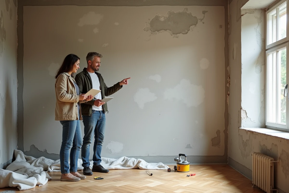 Couple consultant un article de blog sur la rénovation maison via une tablette dans un salon en cours de travaux avec parquet en pose
