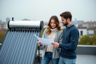 Couple discutant près d'un chauffe-eau solaire en ville