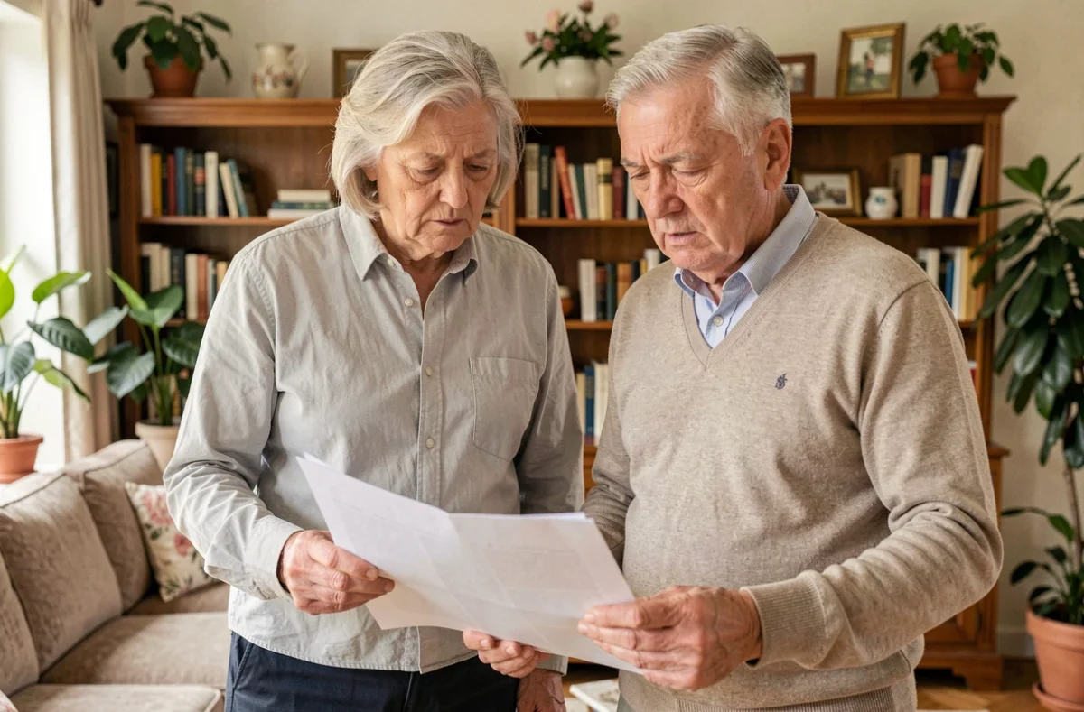 Couple senior examinant un contrat d'alarme Homiris dans leur salon