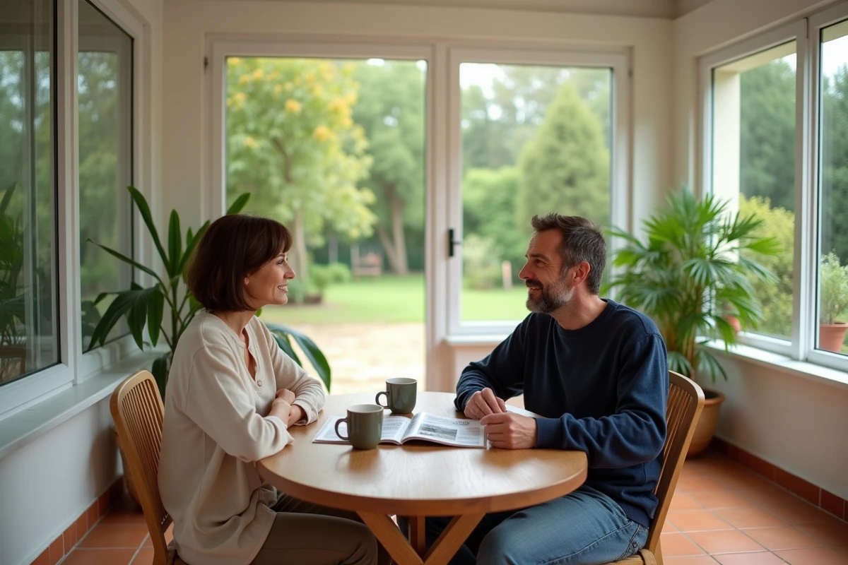 Couple profitant d'un espace repas lumineux dans une véranda vitrée avec vue sur le jardin