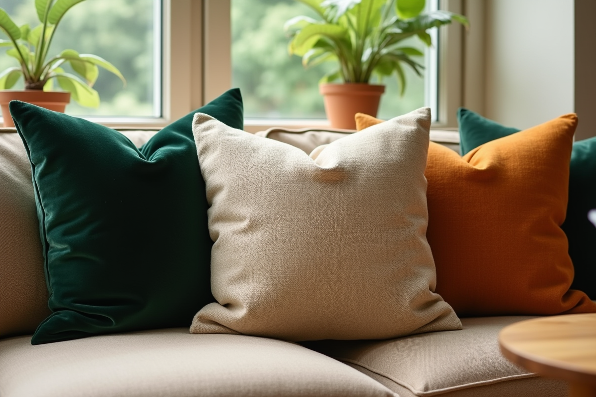 Coussins en velours et lin sur canapé lumineux
