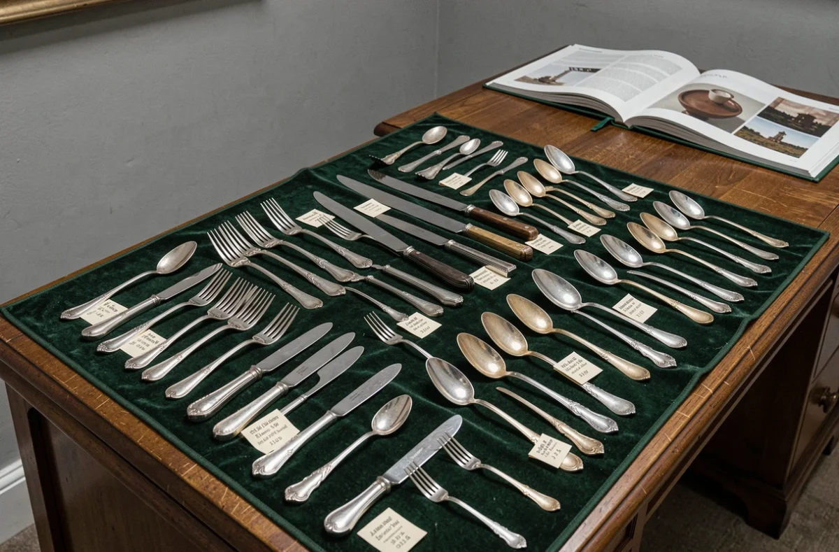 Ensemble de couverts en argent anciens étalés sur velours vert lors d'une expertise en salle des ventes