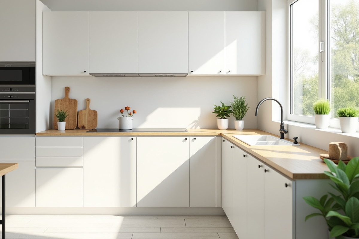 Cuisine moderne avec meubles blancs et grande fenetre lumineuse