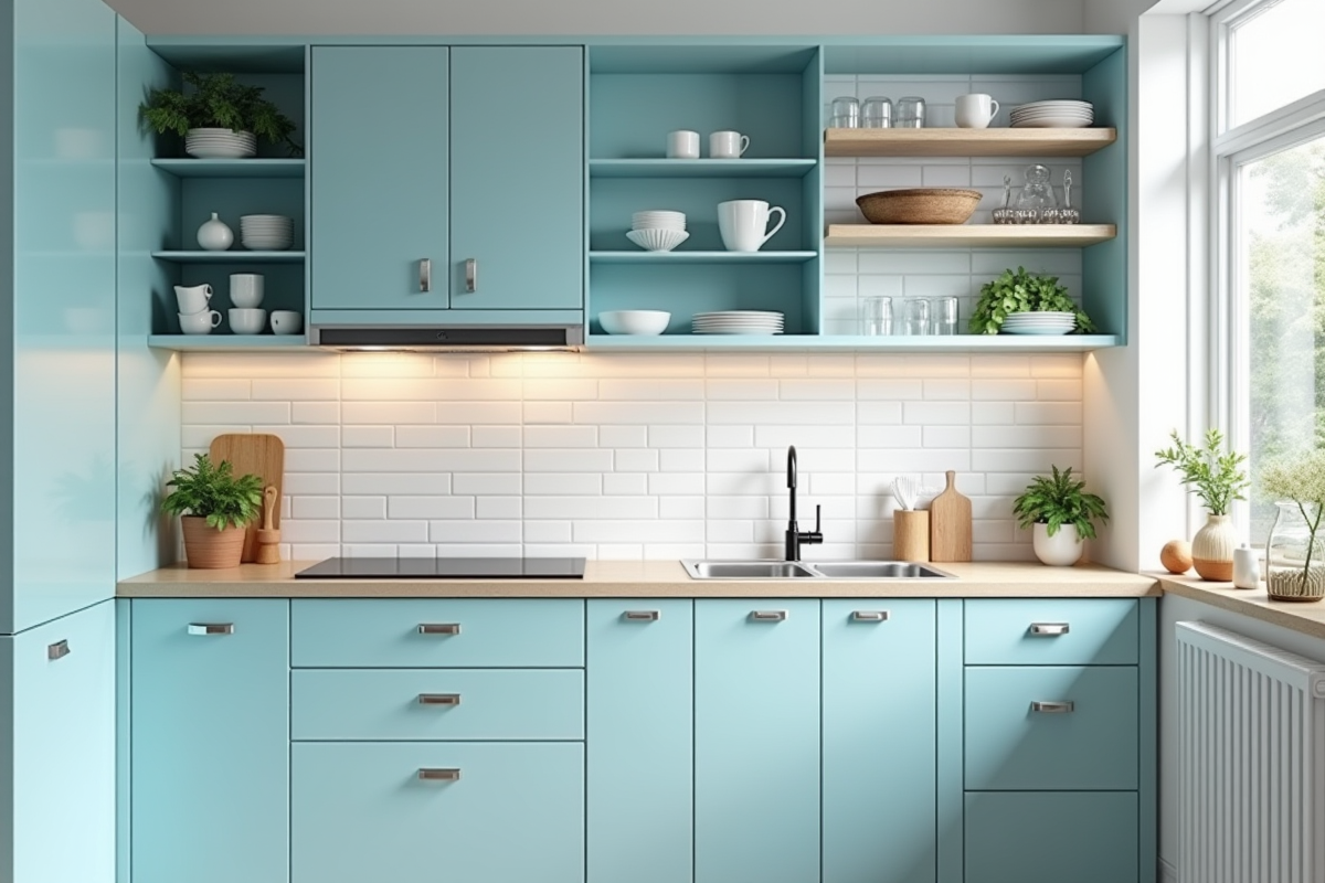Cuisine avec meubles bleu pastel et carrelage blanc brillant