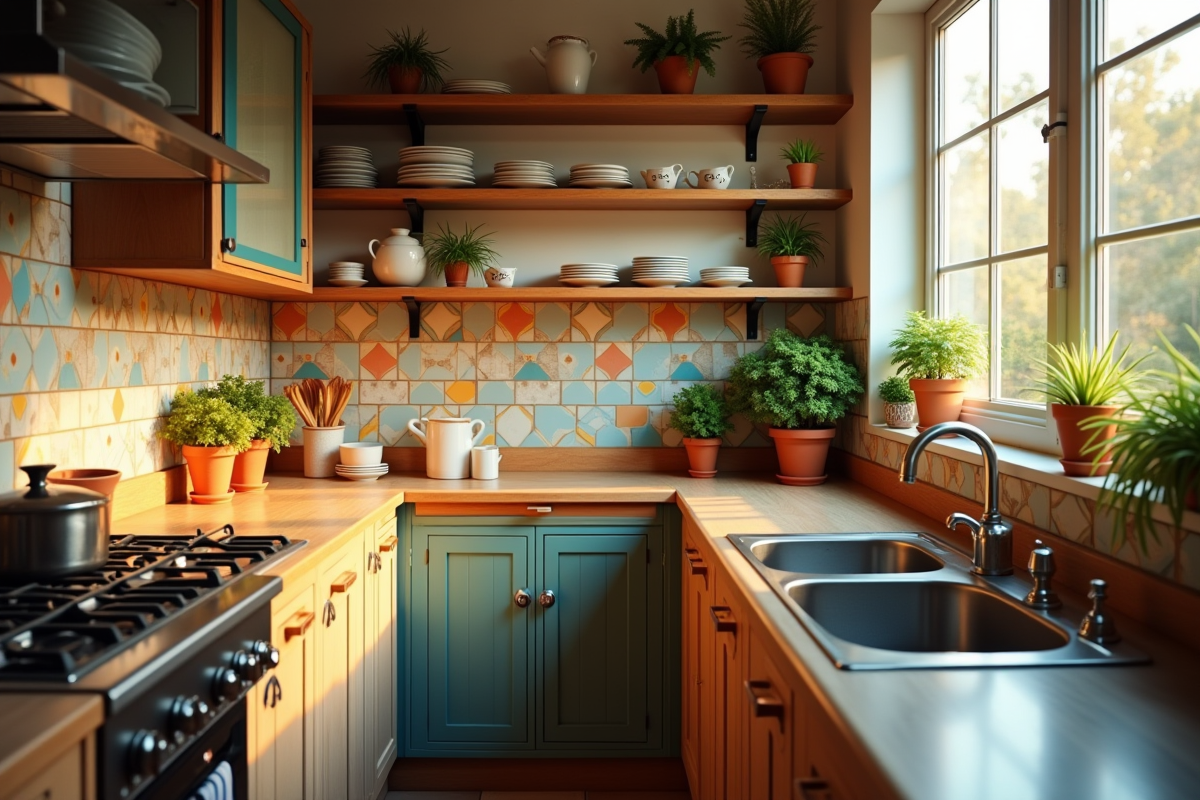 Cuisine chaleureuse avec carrelage coloré et herbes