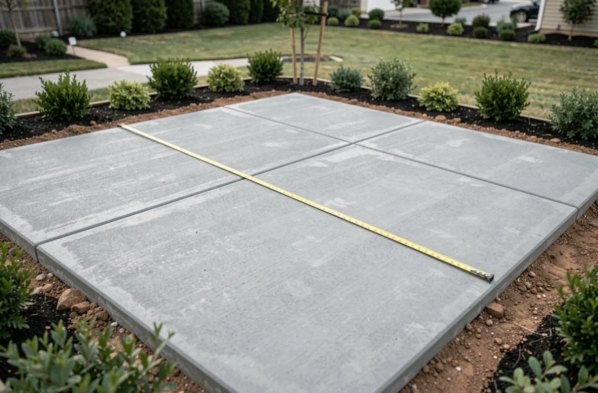 Dalle béton terminée d'environ 30 à 40 m² dans un jardin résidentiel avec joints de dilatation et mètre ruban pour estimation des coûts