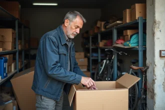 Homme triant des cartons et objets dans un garage encombré de copropriété lors d'un débarras