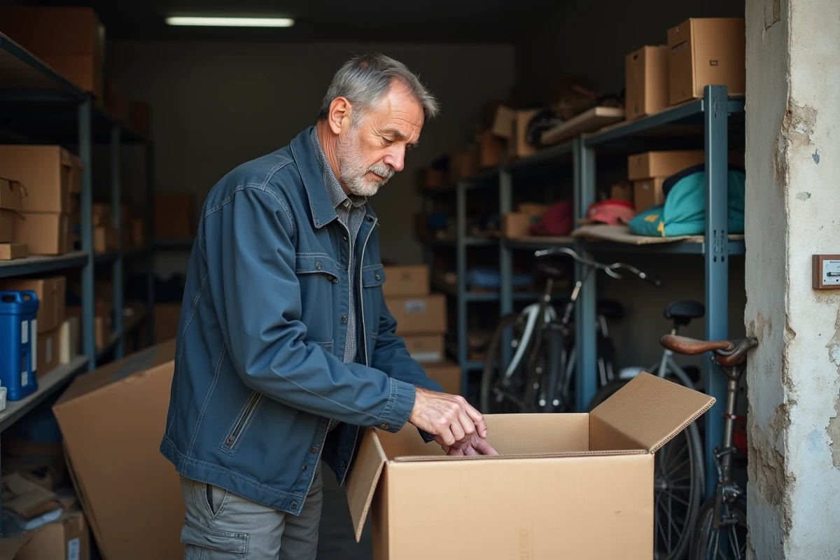 Homme triant des cartons et objets dans un garage encombré de copropriété lors d'un débarras