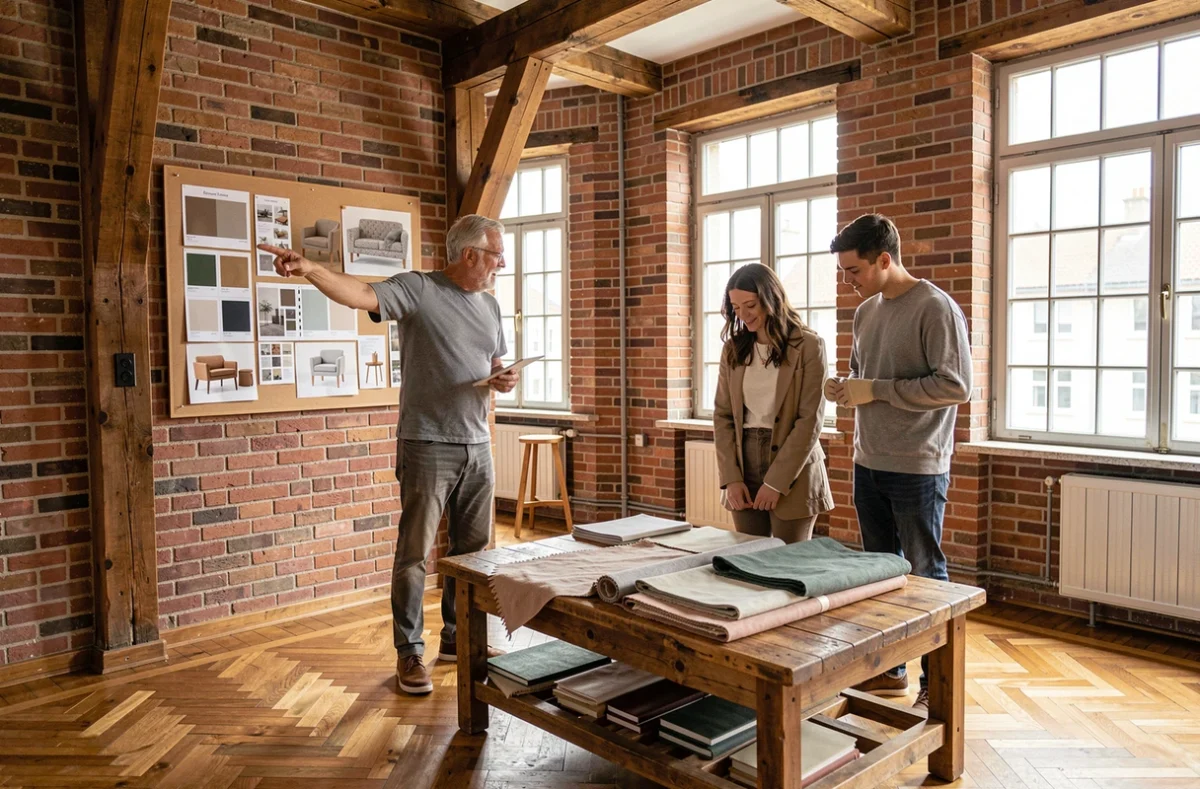 Décorateur indépendant lillois en consultation avec un couple dans un appartement rénové aux murs en briques apparentes et poutres flamandes