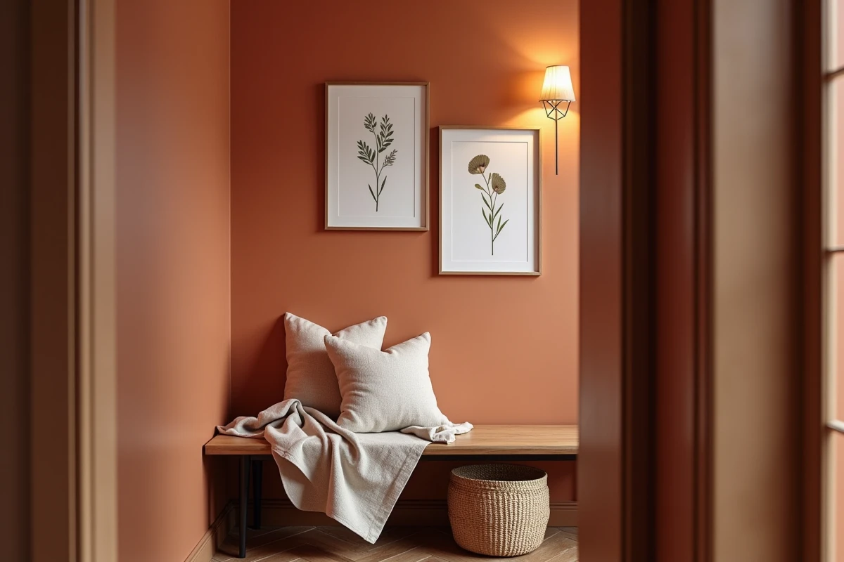 Détail décoratif dans un couloir étroit avec mur terracotta, galerie de cadres botaniques et banc en bois