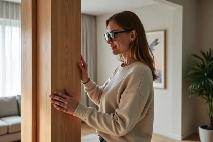 Femme examinant un diviseur en bois dans un salon moderne