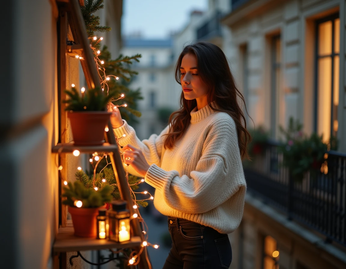 Femme décorant son balcon parisien avec des guirlandes lumineuses LED et des lanternes de Noël