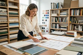 Décoratrice d'intérieur d'une agence de décoration à Lille examinant des échantillons de matières et des plans sur une table de travail professionnelle