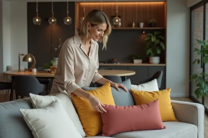 Decoratrice d'int&eacute;rieur arrangeant un coussin dans un salon moderne