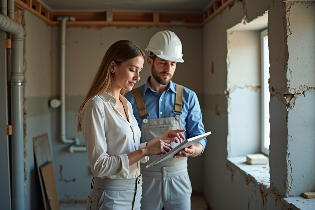 Femme montre un devis de renovation dans une salle en travaux