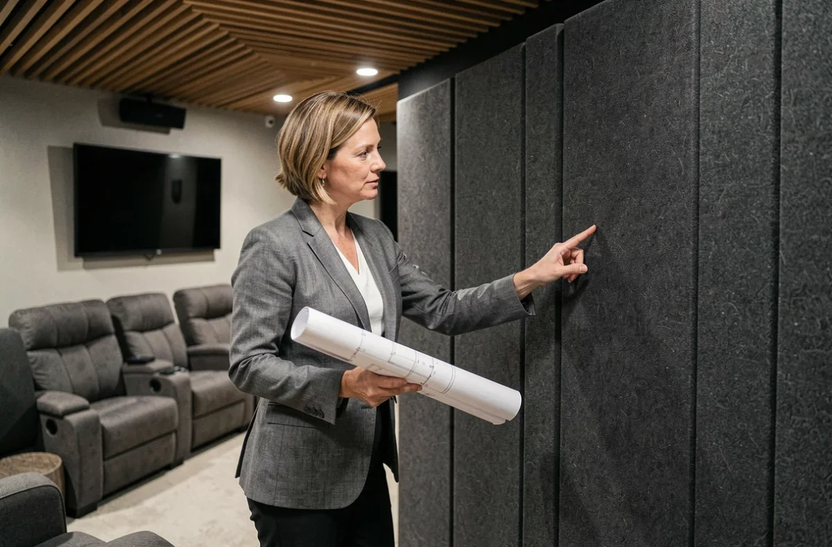 Designer d'intérieur présentant une cloison demi-hauteur acoustique dans une salle de home cinéma avec fauteuils et écran