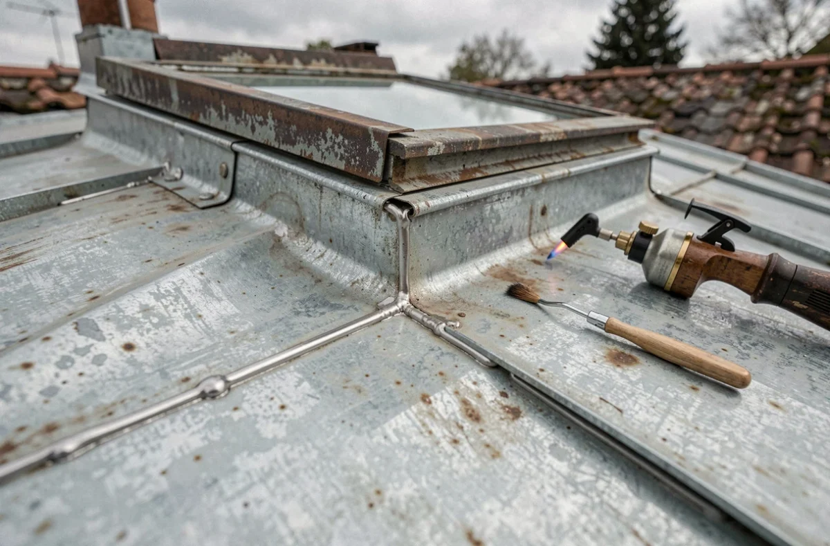 Gros plan sur une soudure de zinc étanche autour d'un velux de toit, avec torche et flux visibles sur la surface patinée