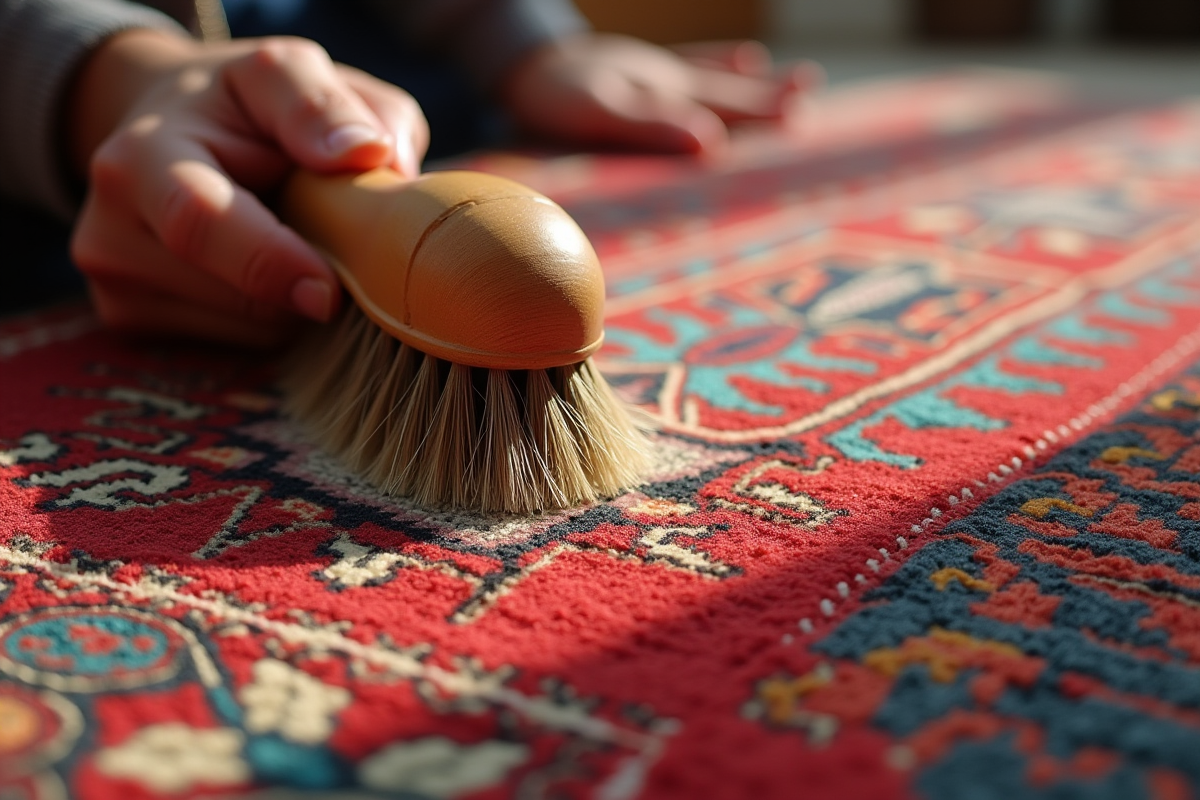 Gros plan sur tapis berbere avec main nettoyant les fibres