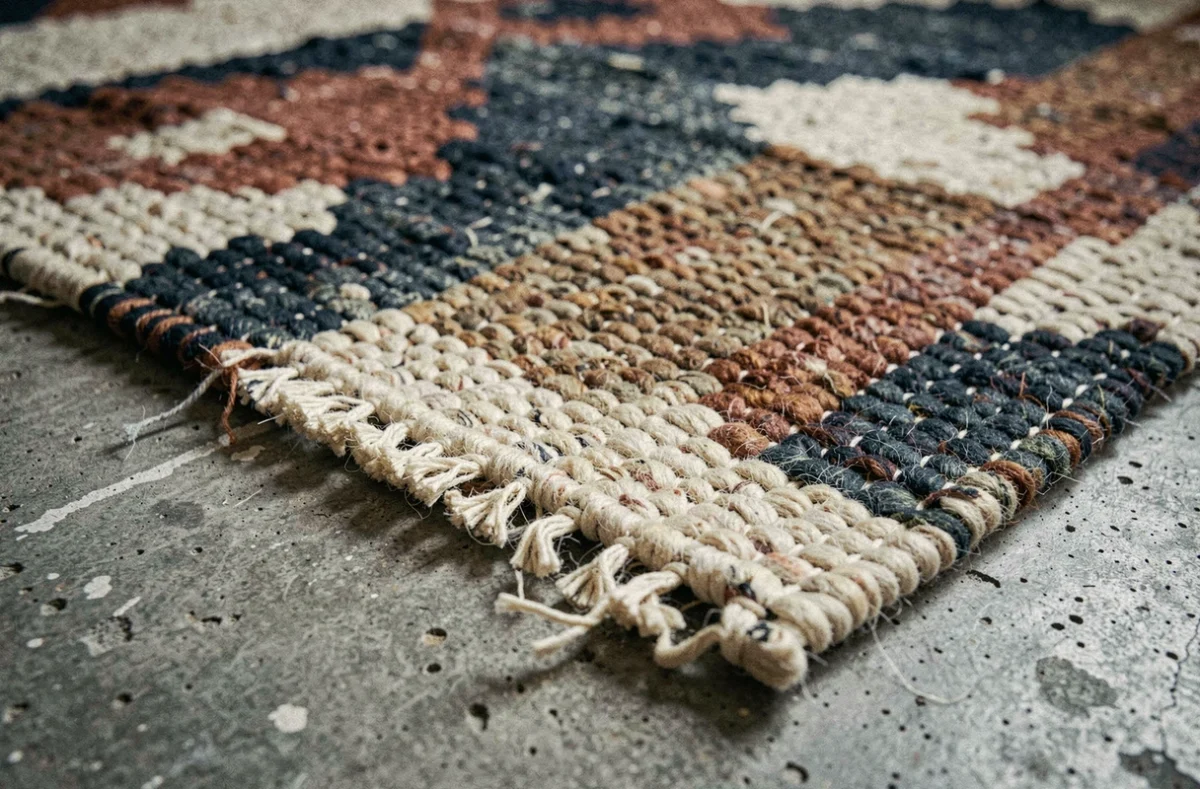 Détail en gros plan d'un tapis en laine tissé à la main aux motifs géométriques japonisants en indigo et terracotta sur béton brut