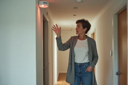 Femme appuyant sur le bouton d'un détecteur de fumée qui sonne dans un couloir d'appartement