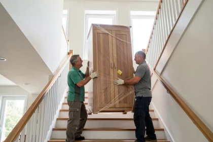 Deux livreurs montent une armoire emballée dans un escalier d'immeuble