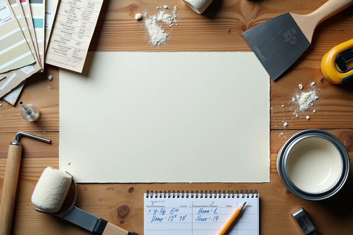 Vue de dessus d'un devis de peinture plafond avec outils de peintre et mesures manuscrites sur une table en bois