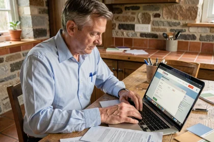 Artisan et propriétaire consultant un formulaire de devis travaux en ligne sur un ordinateur portable dans une cuisine en rénovation