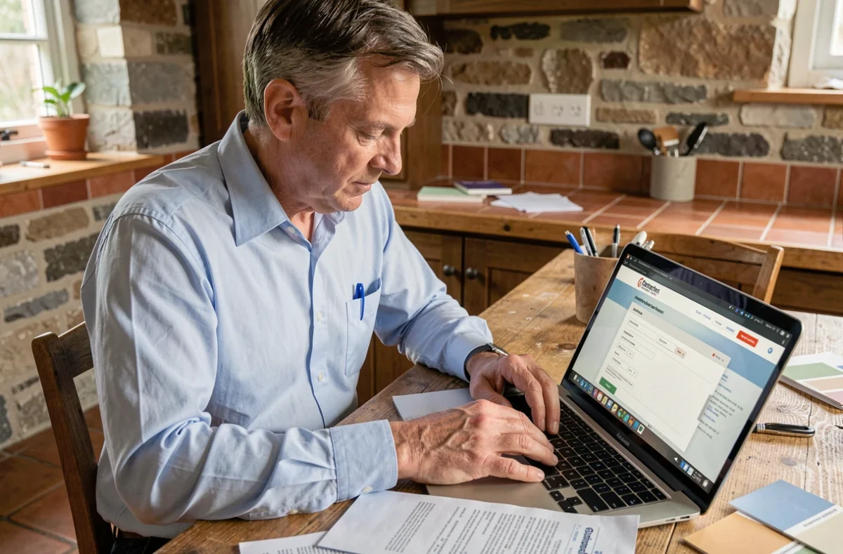 Artisan et propriétaire consultant un formulaire de devis travaux en ligne sur un ordinateur portable dans une cuisine en rénovation