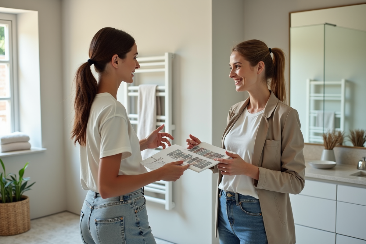 Femme discutant avec une decoratrice dans une salle de bain moderne