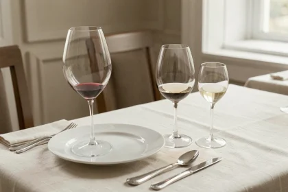 Disposition correcte de trois verres à vin sur une table dressée avec nappe en lin crème et couverts en argent