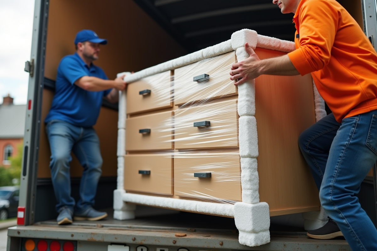 Déménageurs soulevant une commode protégée dans un camion en plein jour