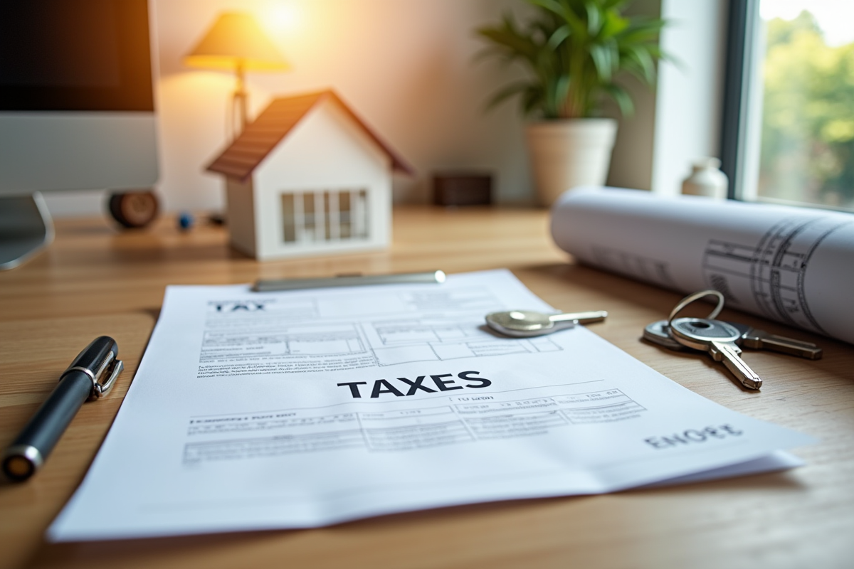 Document taxes avec plans de piscine et clés de maison