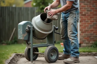 Homme versant un sac de ciment dans une bétonnière électrique pour préparer une chape mortier dans un jardin résidentiel