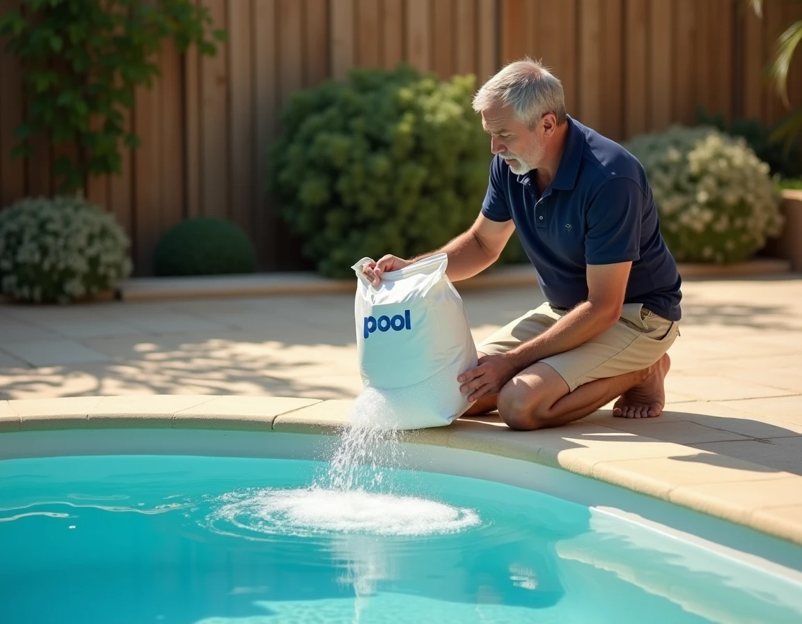 Homme versant du sel dans une piscine extérieure en pierre beige pour ajuster le dosage