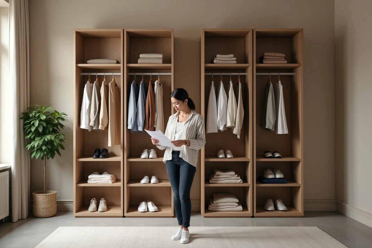 Femme consultant un guide devant deux colonnes de dressing modulable extensible dans une chambre contemporaine