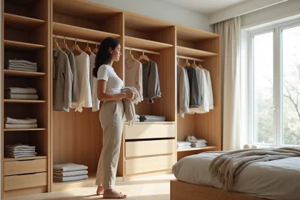 Femme devant un dressing modulable extensible en bois clair avec étagères ouvertes et tiroirs dans une chambre moderne
