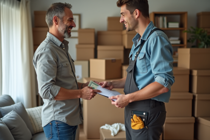 Homme souriant donnant de l'argent à un déménageur dans un salon organisé