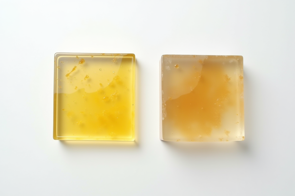 Deux échantillons de résine art contrastés un neuf et un jauni