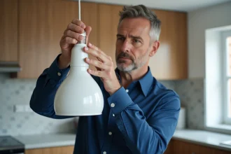 Électricien professionnel installant une ampoule E14 dans une cuisine moderne