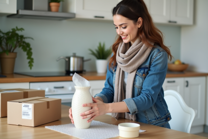Jeune femme emballant une vase en c&eacute;ramique dans une cuisine moderne