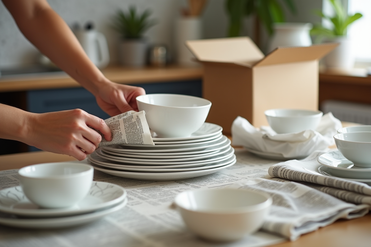 Mains emballant des assiettes dans des journaux anciens dans la cuisine