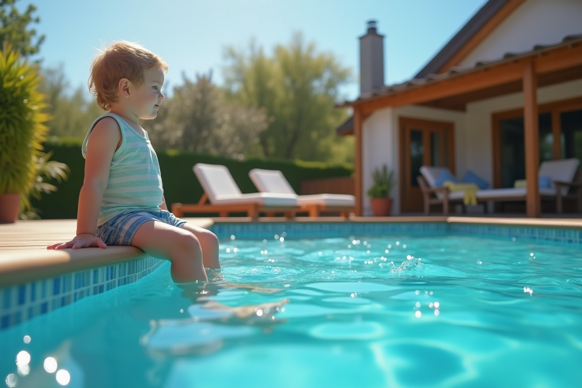 Enfant assis sur la margelle en bois d