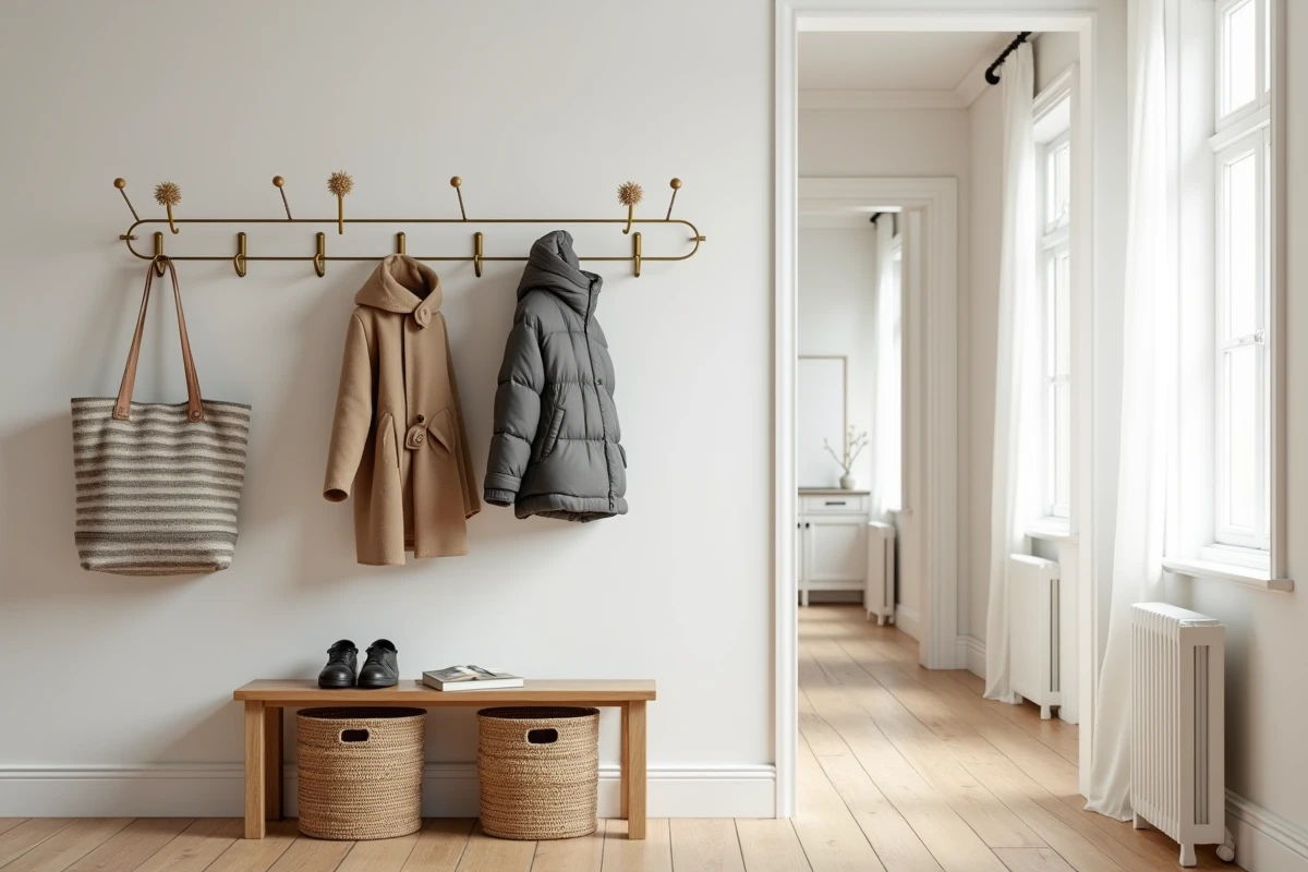 Entrée scandinave avec porte-manteau mural en métal doré minimaliste et banc en bois avec manteaux accrochés