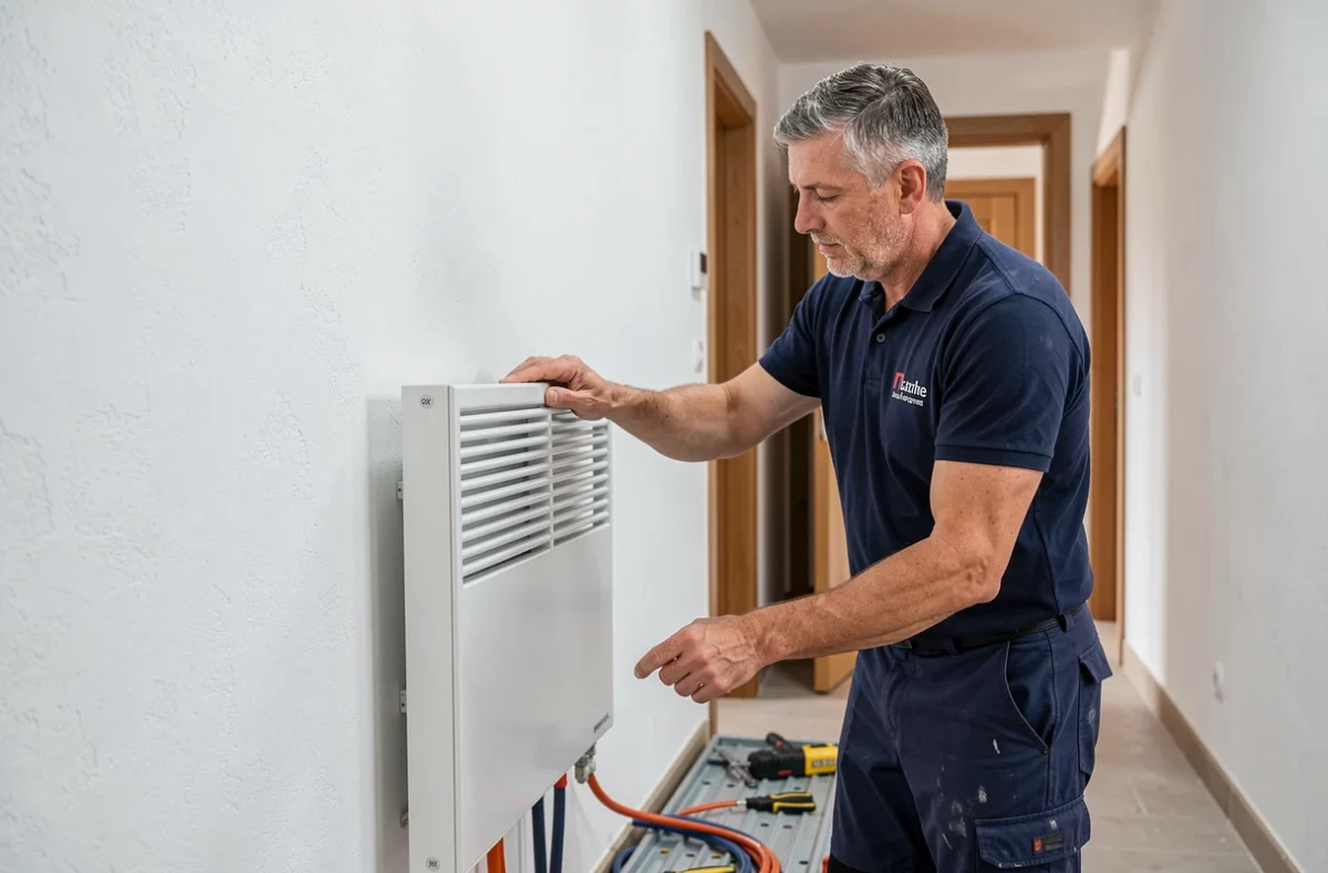 Artisan de l'Entreprise Mouras Eurl installant un radiateur électrique dans un couloir rénové dans la Marne