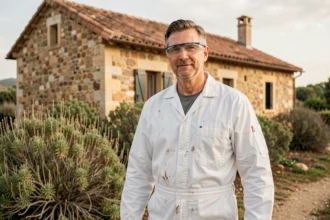 Technicien en isolation devant une maison traditionnelle occitane avec garrigue en arrière-plan