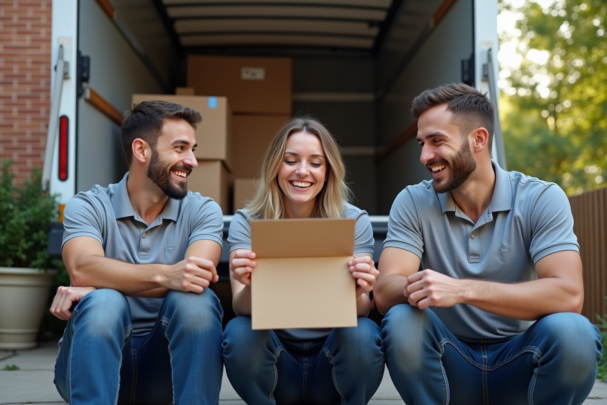 Groupe de déménageurs souriants partageant un pourboire devant un camion