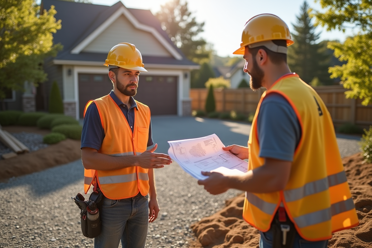 Deux paysagistes discutant avec un propriétaire sur un chantier