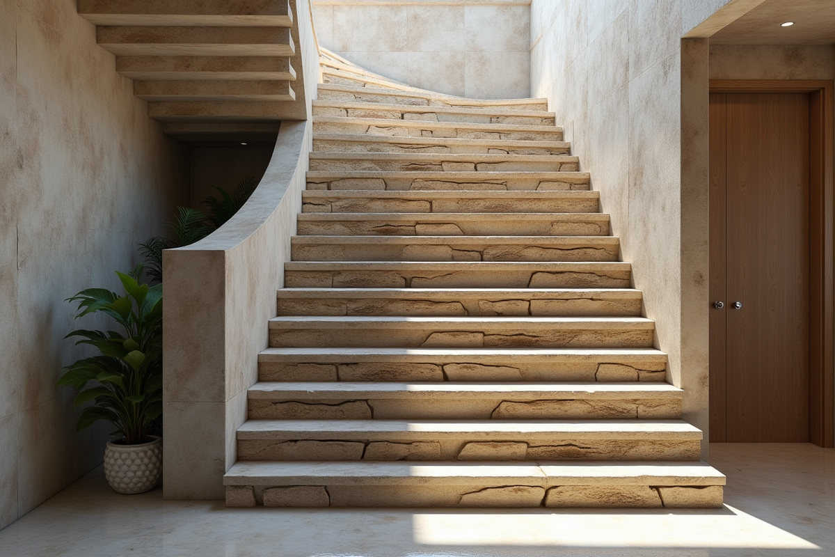 Escalier rénové avec revêtement en pierre moderne et décoration
