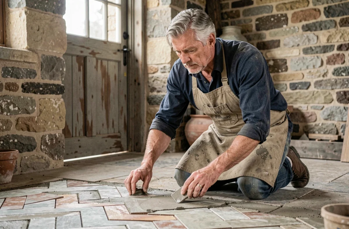 Artisan carreleur des Établissements Le Mentec posant des carreaux de ciment anciens dans une ferme bretonne